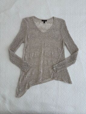 Eileen Fisher Lightweight Summer Sweater Beige V-Neck Asymmetrical Hem Open Knit